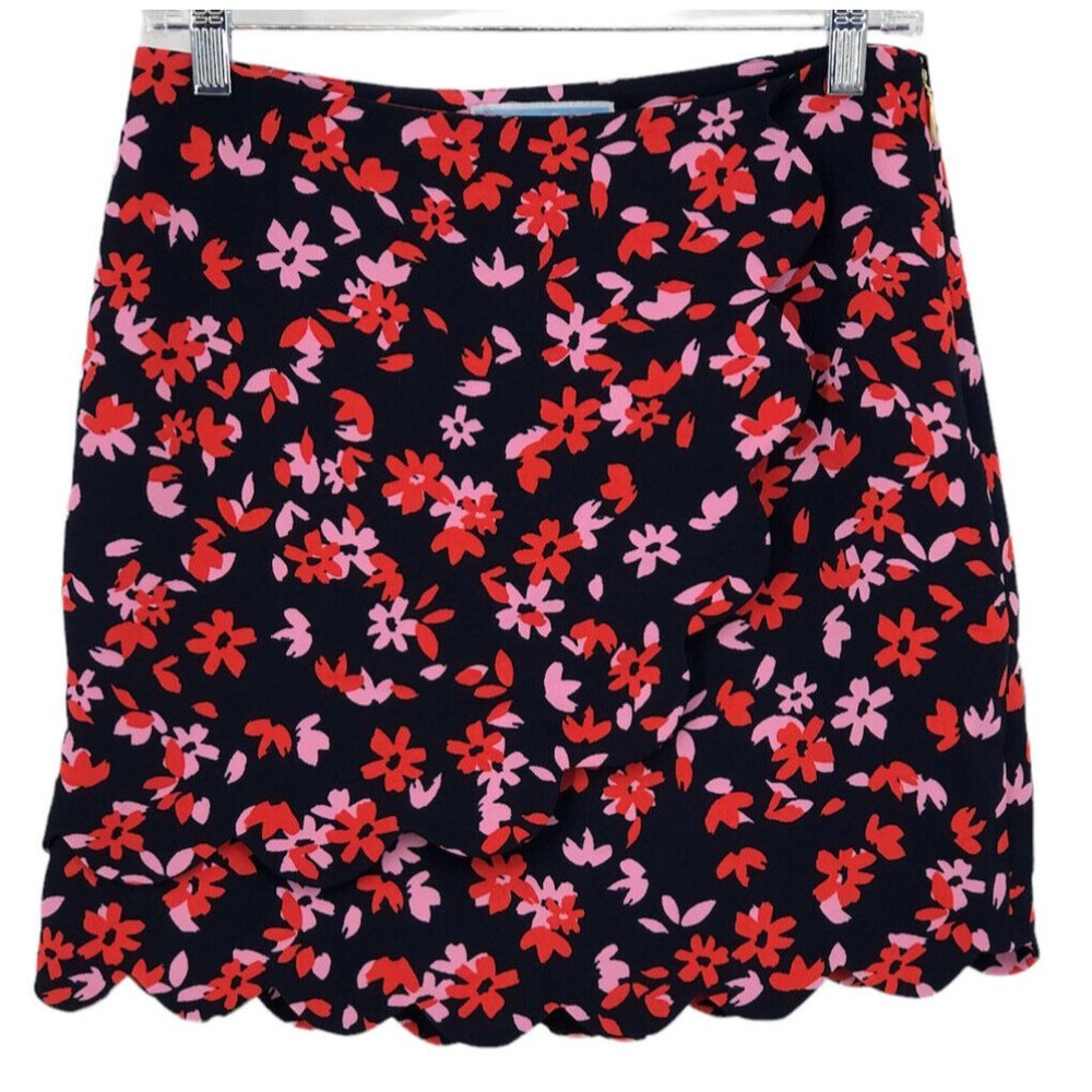 Draper James Navy Pink Floral Scallop Hem Mock Wrap Mini Sirt Women s Sz 2
